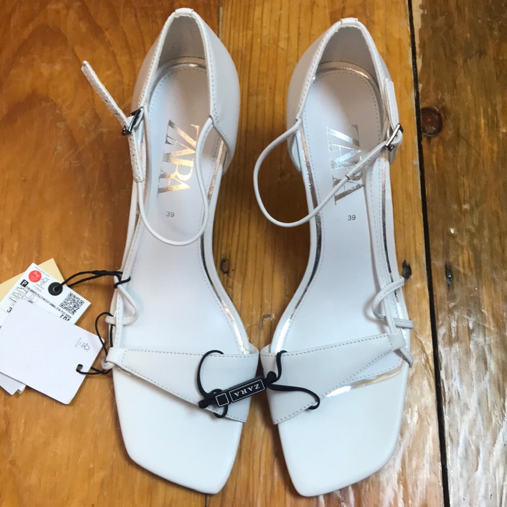 Zara White Heeled Leather Square Toe Sandals